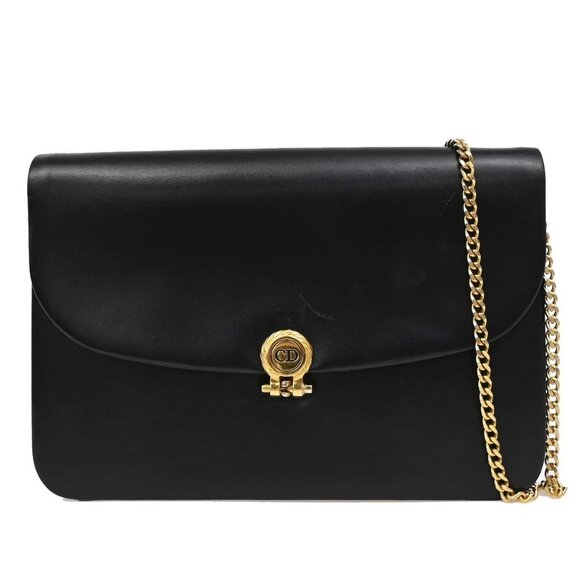 CHRISTIAN DIOR Logo Chain Shoulder Bag Leather Black GHW France 73KB440 - Picture 1 of 14